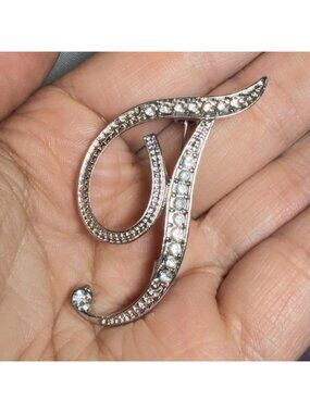 Letter T Rhinestone Initial Brooch Silver Tone Monogram Pin 1.75”
